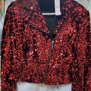 WHBM RED SEQUIN MOTO STYLE JACKET SMALL PETITE